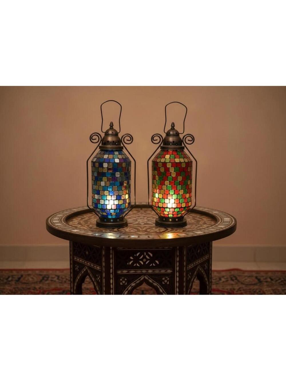 Unique pair of Moroccan Mosaic Lanterns | Handmade Glass Candle Holders, 15”